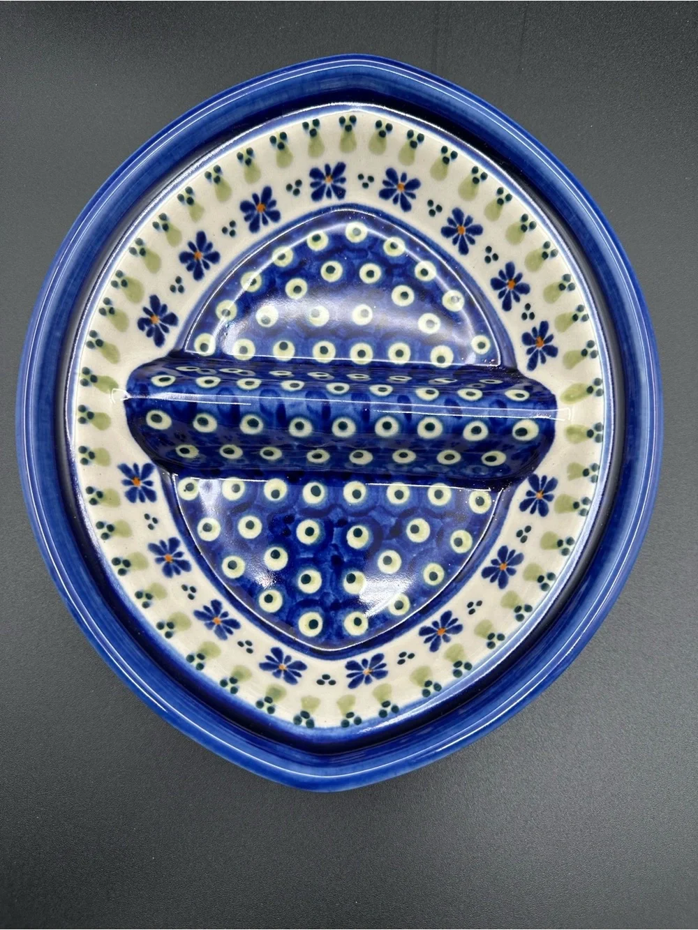 Boleslawiec Polish Pottery Divided Dish–Peacock Pattern, Handmade in Poland, EUC